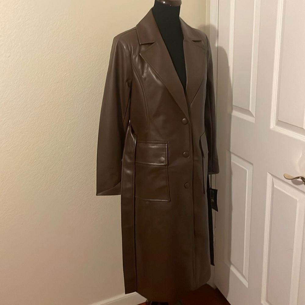 New Bagatelle New York Chocolate Brown Faux Leather Trench Coat - Picture 13 of 16